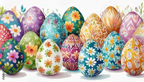 Collection of colorful hand painted decorated Easter eggs on white background cutout file.