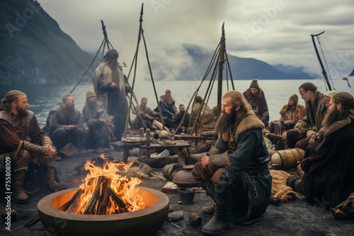 Vikings sitting together nearly bonfire. Generative AI
