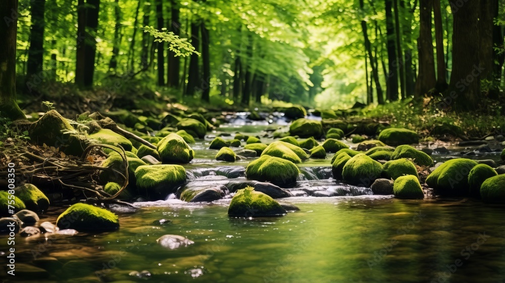 Obraz premium A tranquil forest stream bubbling over smooth stones