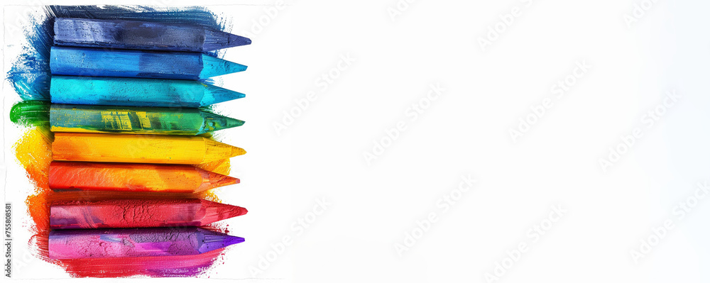 Design banner, white background with colored pencils, hand drawn colorful doodles, wax pencils, wide format, rainbow crayons isolated on white background, hobby, recreation, children's leisure activit Design banner, white background with colored pencils, hand drawn colorful doodles, wax pencils, wide format, rainbow crayons isolated on white background, hobby, recreation, children's leisure activit
