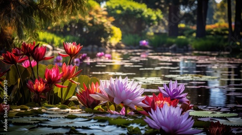 A water lily pond with vibrant blooms