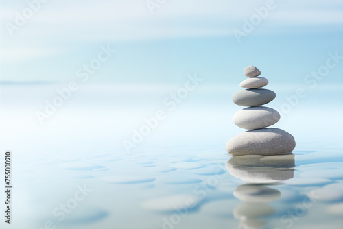 Still life of pyramid with sea stones over calm water surface. Generative AI