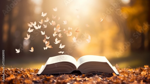 An open book with pages fluttering in the breeze