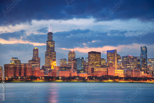 Chicago  Illinois  USA. Cityscape image of famous Chicago skyline at beautiful spring sunset.
