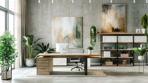 A modern home office with a large desk, a few plants, and a minimalist bookshelf. The room is decorated with a neutral color palette and a few abstract paintings.