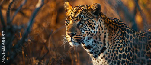 Majestic leopard looks on intently in golden light. © Ai Studio