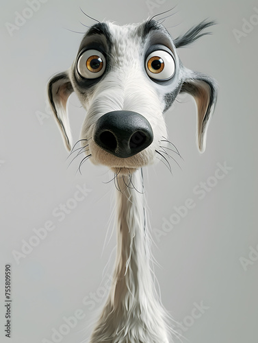 A cartoon dog with a long neck and big eyes, resembling a Fawn Great Dane, has a distinctive head shape, prominent jaw, perky ears, and whiskers on its snout