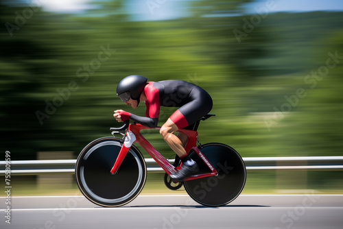 Cyclist wearing sport suit driving on road very fast. Generative AI