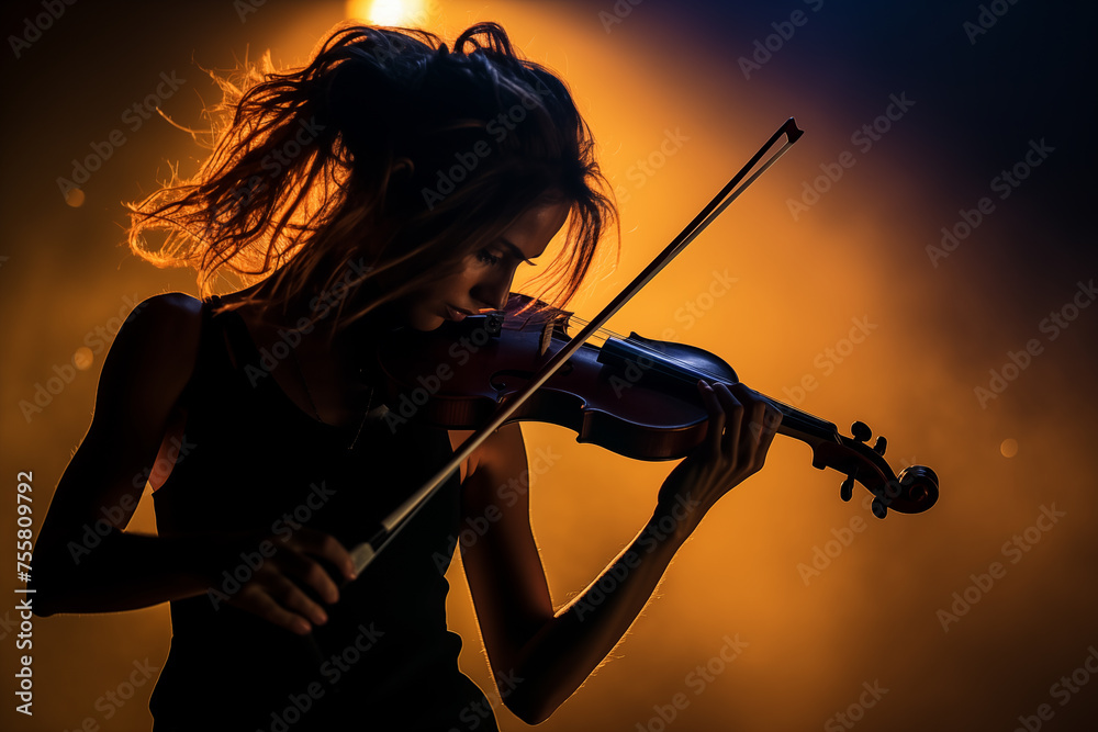 Young beautiful lady playing violin on scene. Generative AI