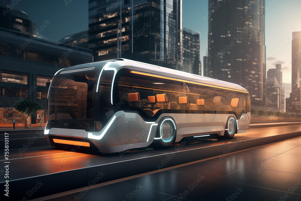 Futuristic bus for passenger transportation over night city. Generative AI