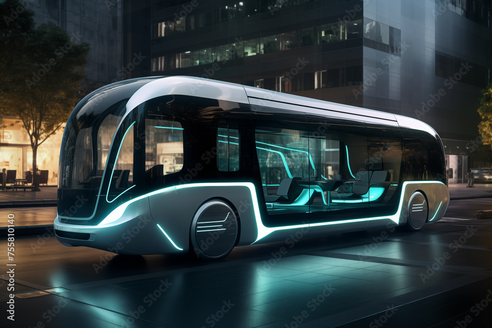 Public urban transport of the future over night city. Generative AI Public urban transport of the future over night city. Generative AI