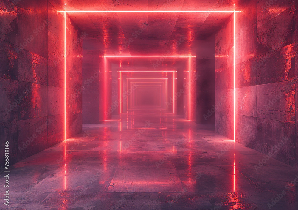 Empty geometric room with glowing neon lines Empty geometric room with glowing neon lines