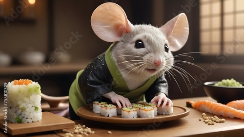 A captivating scene of a mouse chef, delicately garnishing a plate of sushi rolls with sesame seeds and wasabi.
