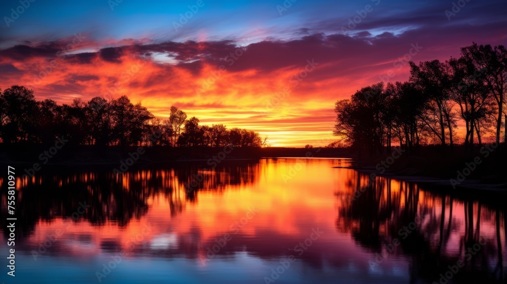Fototapeta premium Silhouetted trees along a riverbank during a colorful sunset
