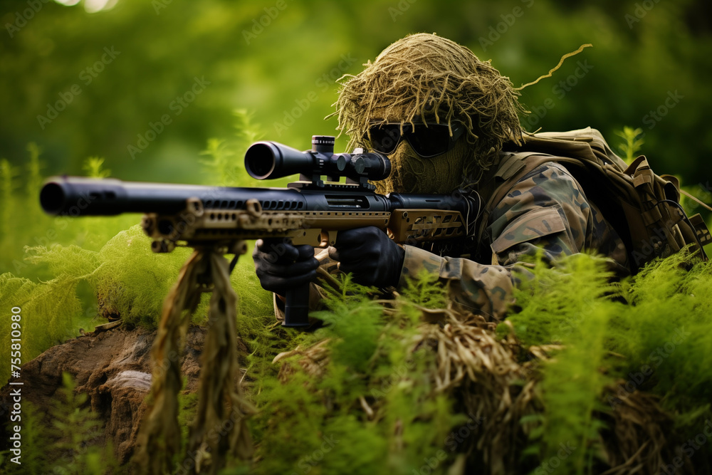 Army sniper aiming with optical sight on rifle. Generative AI - obrazy, fototapety, plakaty 