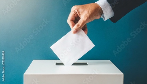 Elections day - man putting an empty ballot in election box over blue background, copy space