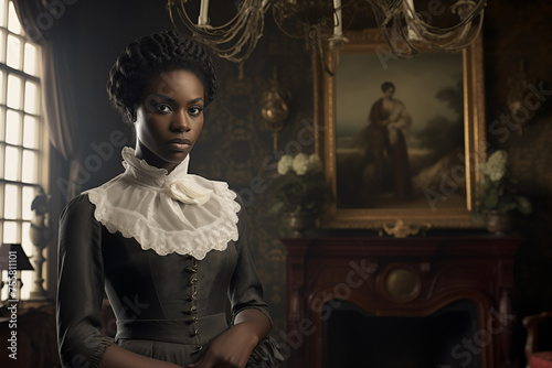 Portrait of noble aristocratic black woman wearing elegant dress. Generative AI