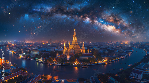 Night view of Bangkok with Wat Arun temple and starry sky.
