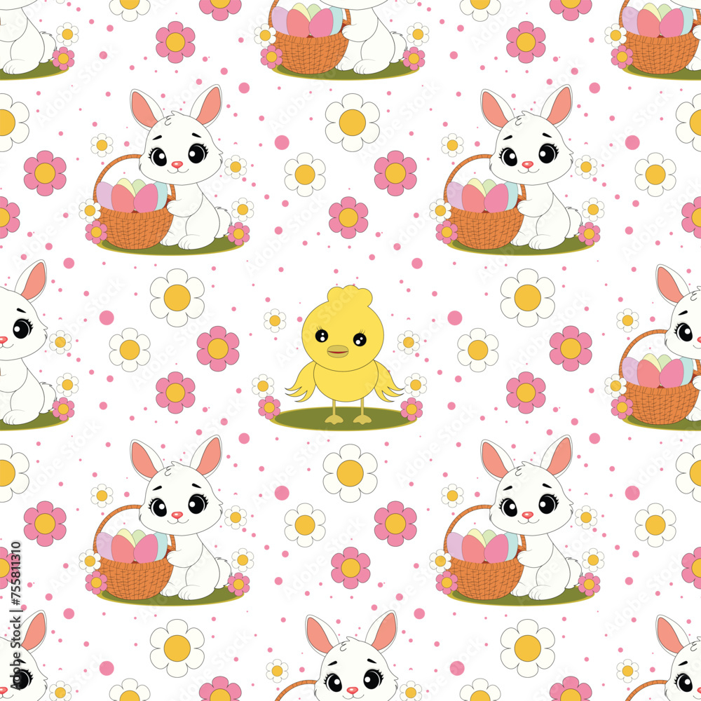 Seamless vector pattern with cute chickens and bunnies on a floral background. Perfect for textile, wallpaper or print design Seamless vector pattern with cute chickens and bunnies on a floral background. Perfect for textile, wallpaper or print design