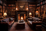 Old vintage library room with leather furniture. Generative AI