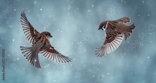 sparrow birds fly in the garden with their wings spread in winter during snowfall