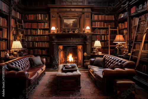 Old vintage library room with leather furniture. Generative AI © Nomad_Soul