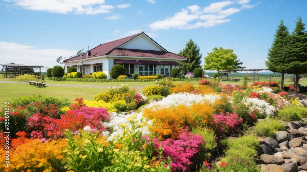 Countryside pension surrounded by vibrant flower gardens and colorful blooms