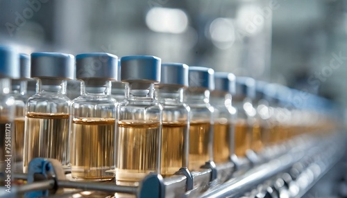 Close-up of numerous medical vials in a pharmaceutical manufacturing line 