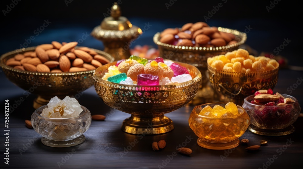 Diwali sweets and snacks in ornate bowls Diwali sweets and snacks in ornate bowls
