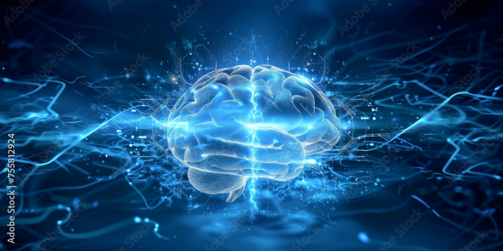 Blue abstract brain quantum computer circuit board with blue glows machine learning artificial intelligence ai blockchain technology background. Blue abstract brain quantum computer circuit board with blue glows machine learning artificial intelligence ai blockchain technology background.