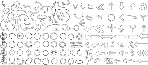 Hand drawn arrow icon set, sketchy arrows, circles, swirls vector set. Ideal for web design, navigation, interface. Doodle style elements for pointers, directions. arrows collection