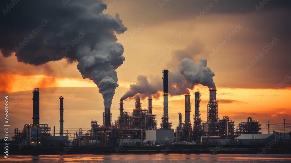Oil refineries emitting pollution into the atmosphere
