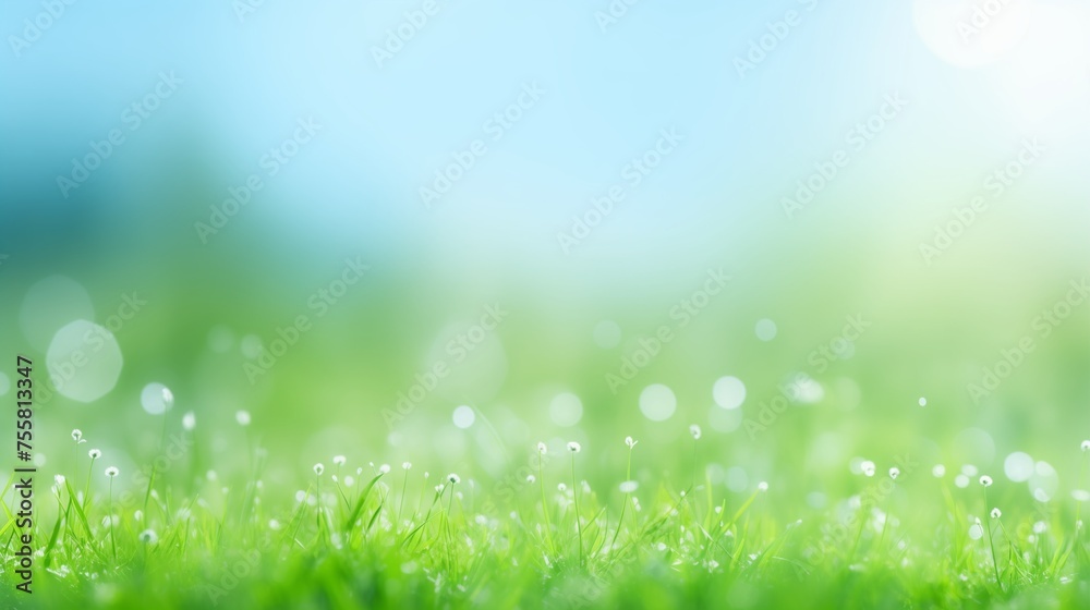 sunny spring meadow with green grass and blue sky, bokeh background 