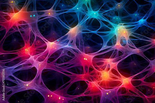 Glowing colorful neural patterns or neural networks. Illustration of human and artificial intelligence.