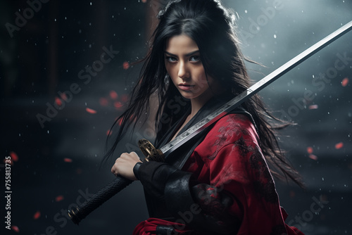 Young Japanese samurai woman with katana sword. Generative AI