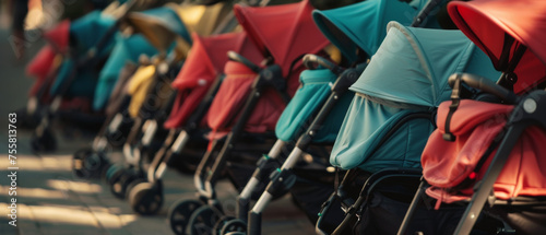 Vibrant lineup of baby strollers signifies the colorful journey of parenthood. photo