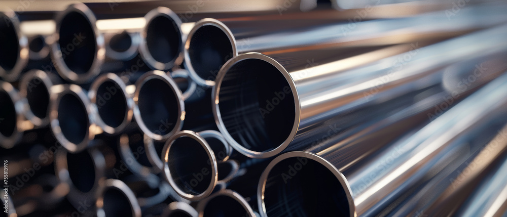 Stacked steel pipes glinting as they reflect ambient light. Stacked steel pipes glinting as they reflect ambient light.