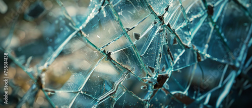 The complex beauty of shattered glass, a mosaic of light and sharp contrasts. photo