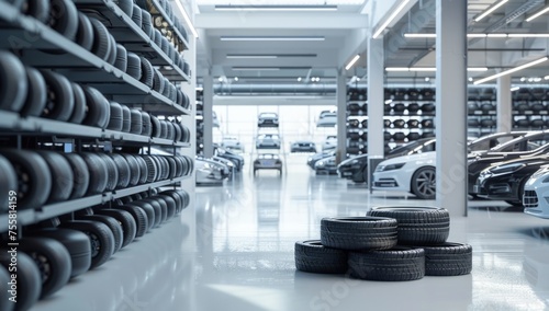 A stack of tires is displayed in the foreground with cars parked on both sides and an empty white floor in the background Generative AI photo