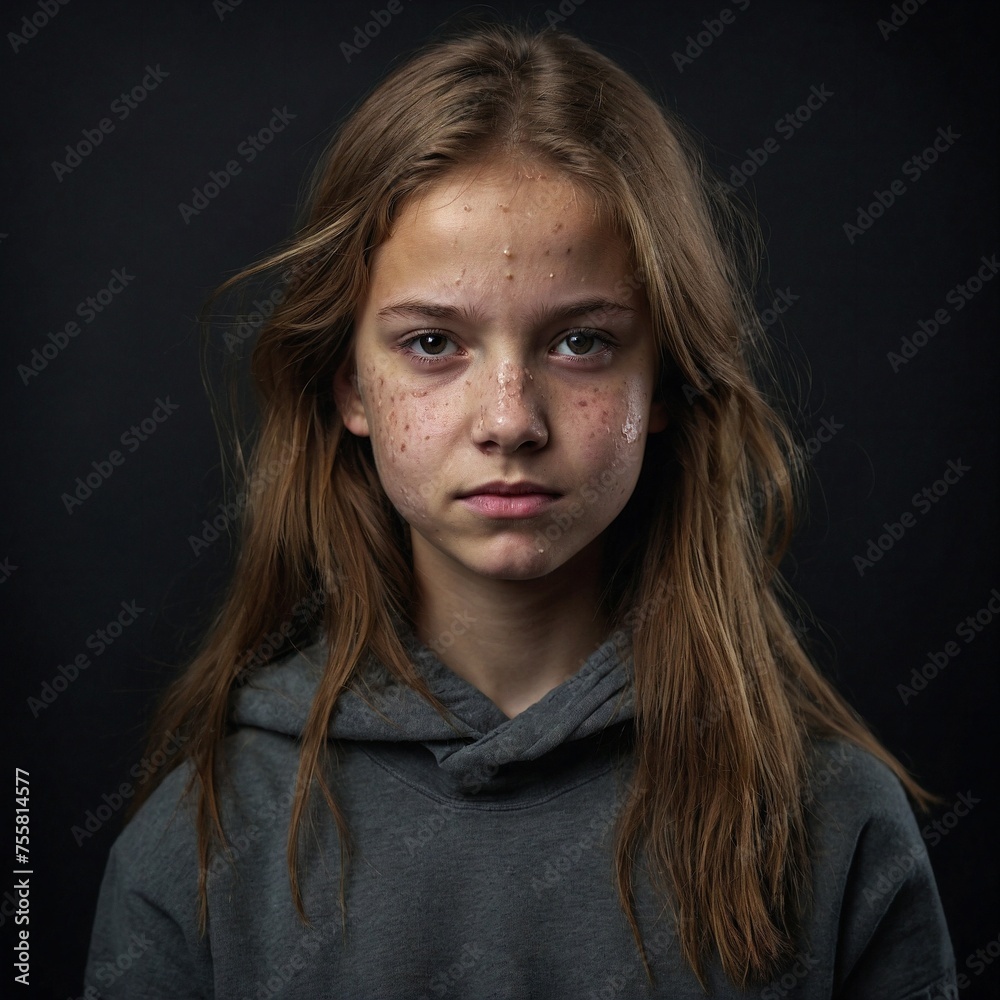 Teenage girl with acne on dark background. AI Generated.