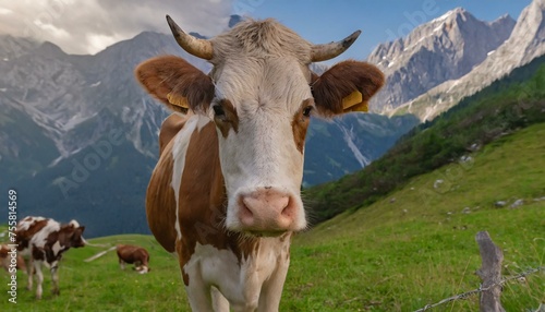 cow against the backdrop of alpine mountains and meadows