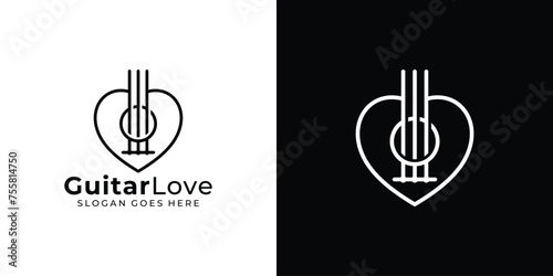 Creaitve Guitar Love Logo. Heart and Guitar Sound Hole with Linear Outline Style. Musical Logo Icon Symbol Vector Design Template.