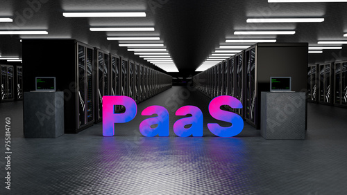 Data center. Iaas, saas, paas. Backup, mining, hosting, mainframe, farm and computer rack with storage information. Cyber Security. 3d render (ID: 755814760)