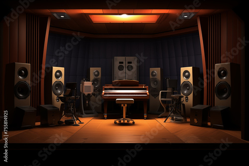 Recording booth with a grand piano and studio monitors displaying equalizer settings. Generative AI