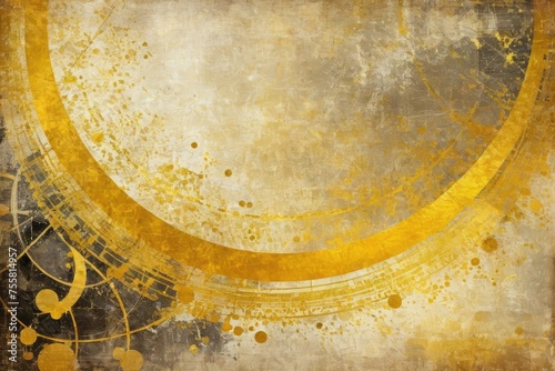 Grunge abstract art on an old paper background featuring layers of translucency, embellished with gold and yellow accents, textured finish, digital painting, high detail, vintage feel, golden ratio