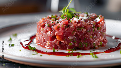 Fresh tuna tartare on elegant white plate photo