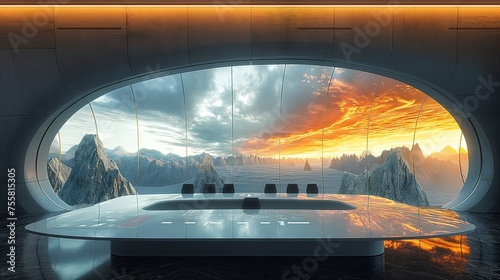 Virtual reality meeting space for global business leaders in a futuristic setting.