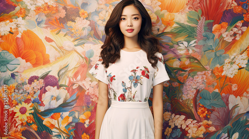 Asian fashion model in white skirt and blouse on floral wall background.