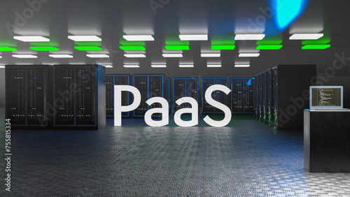 Data center. Iaas, saas, paas. Backup, mining, hosting, mainframe, farm and computer rack with storage information. Cyber Security. 3d render (ID: 755815334)