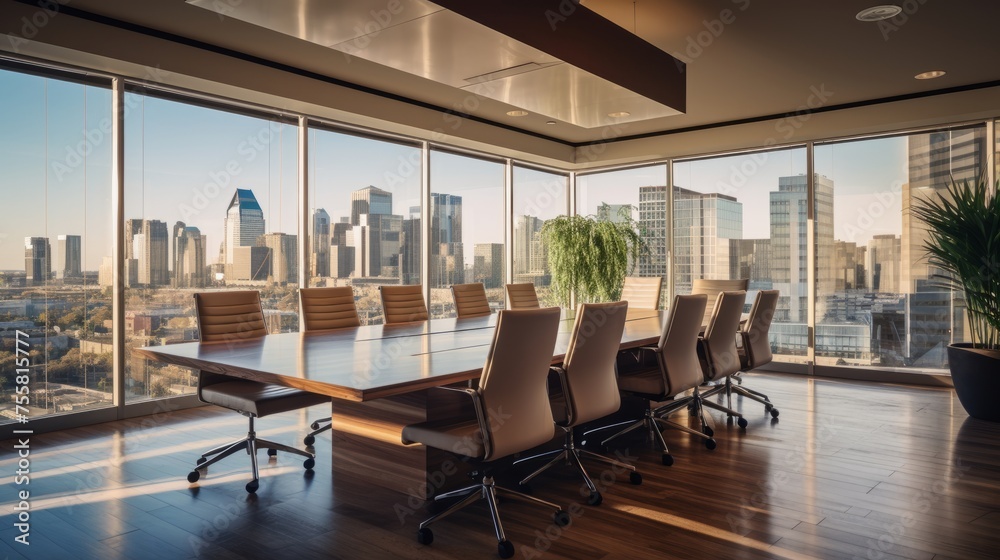 A conference room in a corporate office with city views
